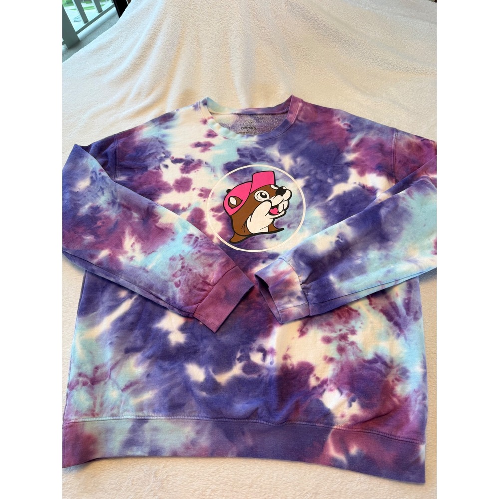 Buc-ee's Tie Dye Sweatshirt XL Purple  Beaver Mascot Graphic Crewneck Pullover